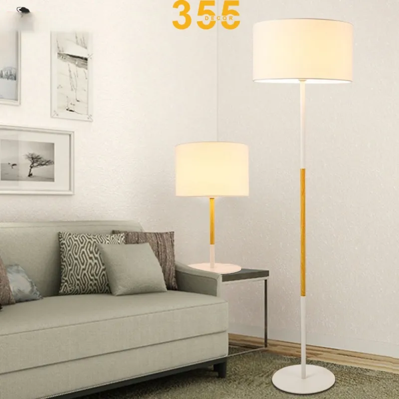 đèn bàn đồng bộ, thân sắt phối gỗ, chao vải