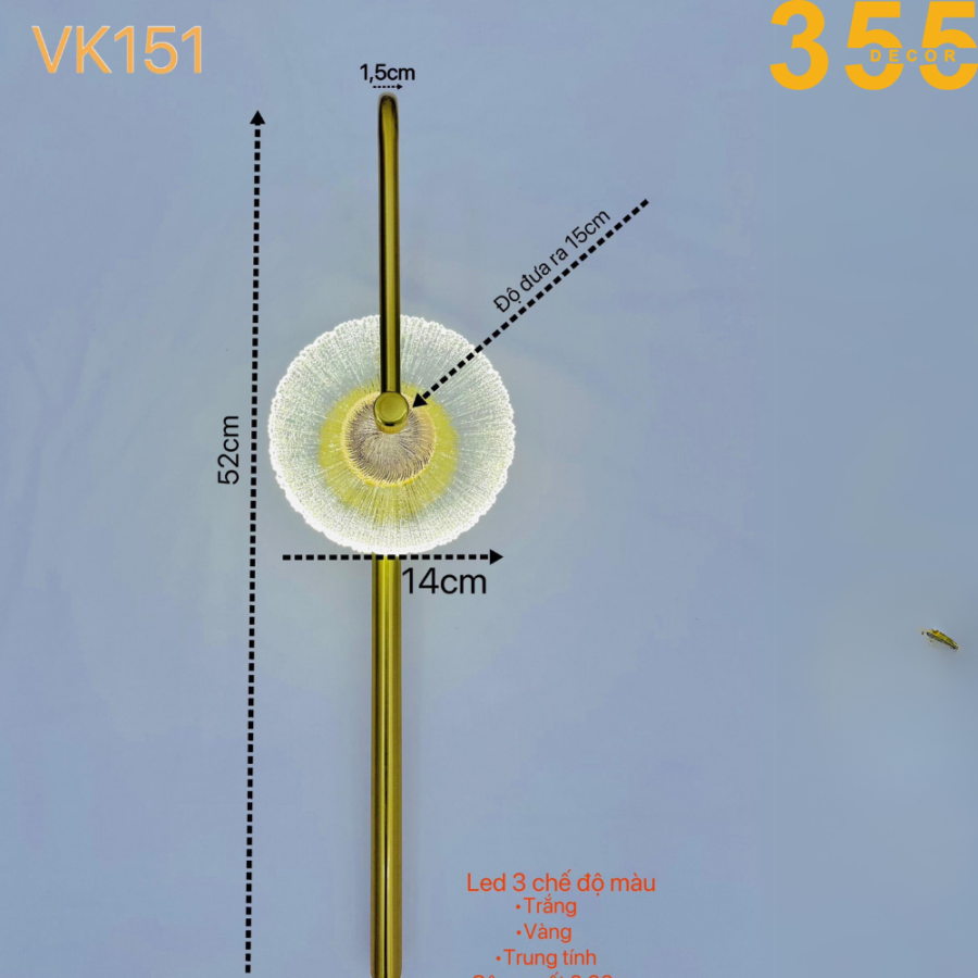 số đo đèn tường trang trí phòng vk151 chính hãng 355decor